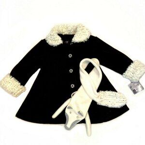 NEW Little Girls Mack & Co 2pc Black Fleece Girls Coat w/Ivory Scarf‎ 4 Last 1